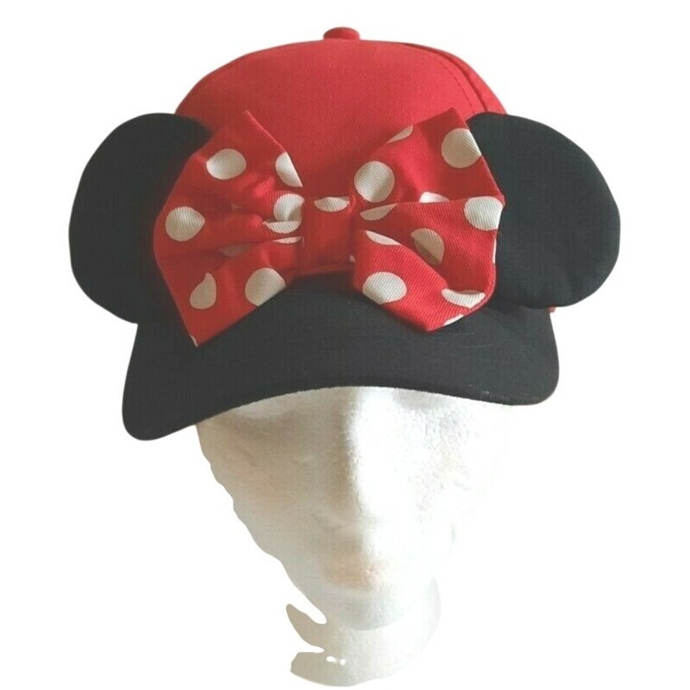 Disney Parks Minnie Mouse Baseball Cap Red Black with Ears and Polka Dot Bow